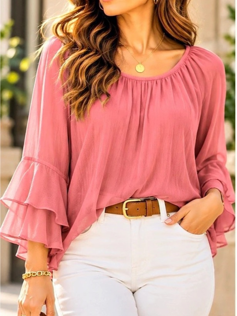 LOFT Pink Chiffon Tiered Ruffle Sleeve Blouse M